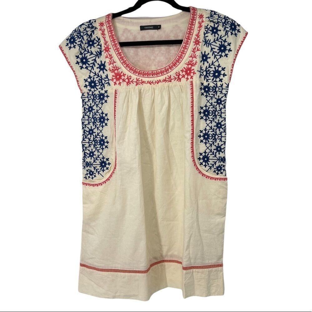 Theme Cream Blue Red Embroidered Smock 100% Cotton‎ Tunic Top with Pockets